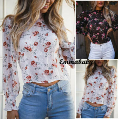 

Fashion Womens Perspective See Through Long Sleeve Sexy Floral Crop Tee Blouse