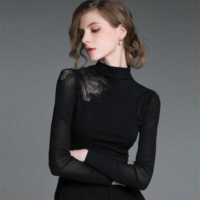 

Her pool womens 2018 autumn&winter new fashion slim slimming temperament half-high collar long-sleeved mesh hollow solid color shirt T83Z1695A10S black
