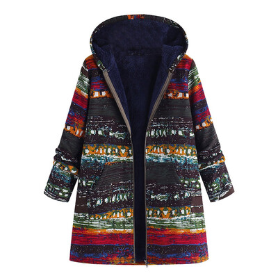 

Toponeto Plus Size Women Hooded Long Sleeve Cotton Linen Fluffy Fur Zipper Coat Outwear