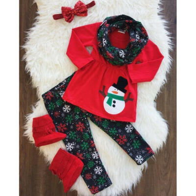 

US Toddler Kid Baby Girl Xmas Snowman Clothes Outfits Tops SkirtPantsScarf Set
