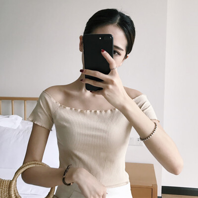 

Womens Pullover Casual Slash Neck Ruffles Solid Short Sleeve Slim Knitted Crop Top T-Shirt