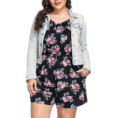 

Starmoon Women Summer Plus Size Printed Sleeveless V-Neck Rompers Short Jumpsuits Rompers