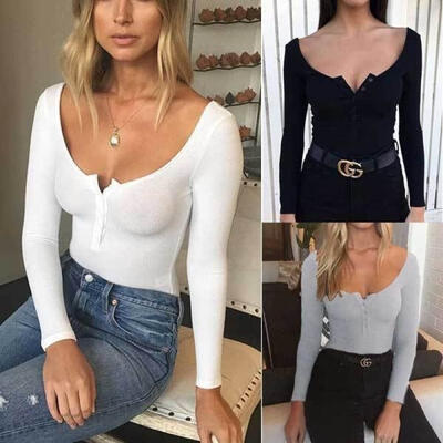 

Sexy Women Long Sleeve Shirt Romper Jumpsuit Bodysuit Stretch Leotard Top Blouse