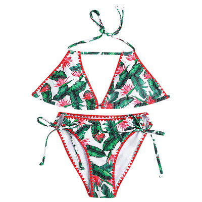 

Halter Neck Backless Padded Leaf Print Low Waist Tied Strap Women Bikini Set