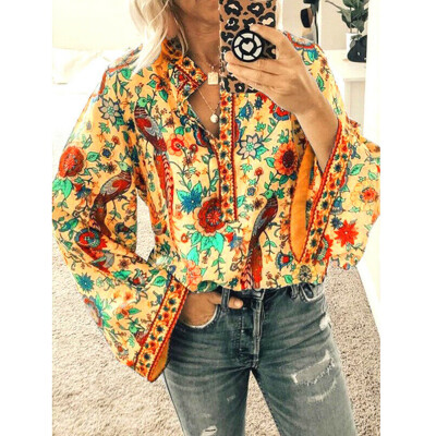 

Vintage Women Printed Ethnic Style Long Sleeve Blouse Ladies Boho V Neck Tops