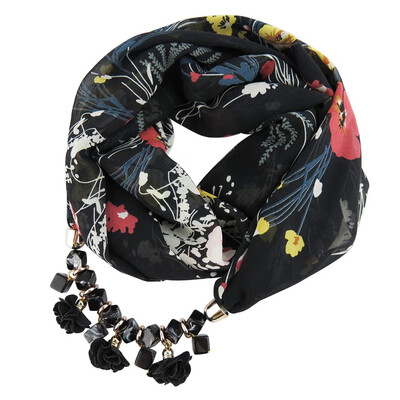 

New Geometric Beads Necklaces Printing Flowers Pattern Wrap Chiffon Statement Scarf Necklace For Women Bohemian Jewelry