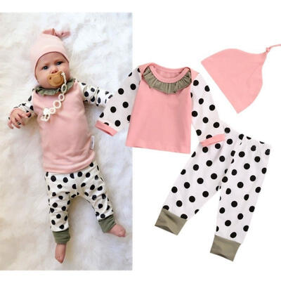 

PINK Baby Boys Girls Tops T-shirt Dot Pants Legging Hat 3PCS Outfits Set Clothes