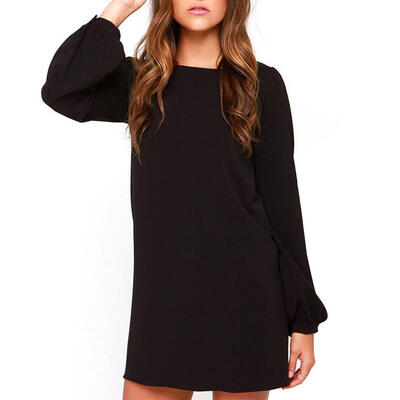 

Women Long Sleeve Solid O-Neck High Waist Autumn Fashion Loose Short Dress