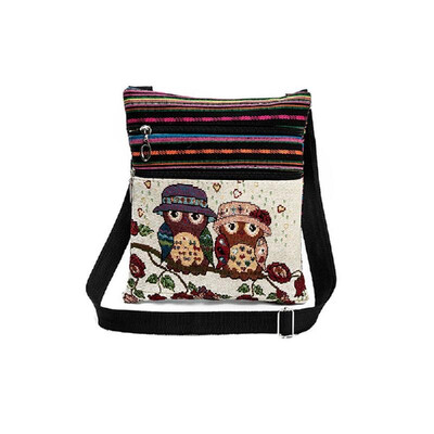 

Women Mini Crossbody Bag Owl Embroidery Jacquard Zipper Adjustable Strap Light Messenger Travel Outdoor Shoulder Bag
