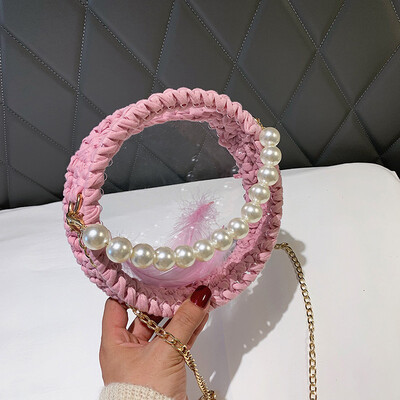 

2019 new woven round pearl handbag female chic wild chain cosmetic bag personalized transparent Messenger bag