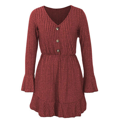 

Autumn And Winter New Solid Color Long-sleeved V-neck Knit Dress