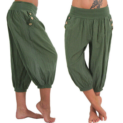 

Starmoon Women Summer Elastic Waist Boho Check Pants Baggy Wide Leg Plus Size Yoga Capris