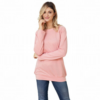 

Solid color round collar long sleeve pullover casual slim sweatshirt