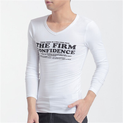 

Mens T-shirt long-sleeved Slim V-neck Korean version 2018 new cotton mens spring long section