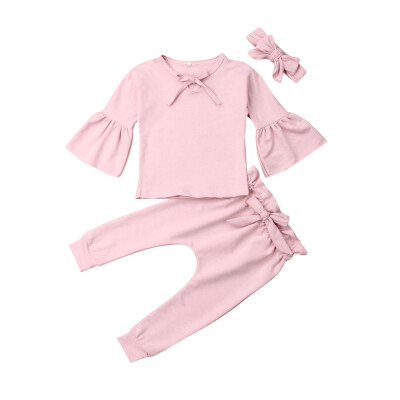 

Toddler Baby Girls Outfits Clothes Solid TopsRuffle Long Pants Headband 3Pcs