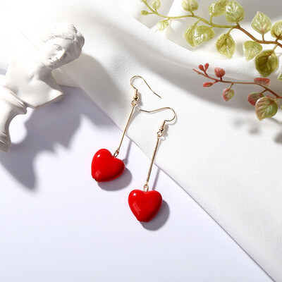 

Women Japanese And Korean Style Fashion Design Sweet Pearl Earrings Red Love Geometric Asymmetrical Peach Heart Earrings