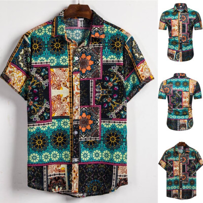 

Toponeto Mens Ethnic Short Sleeve Casual Cotton Linen Printing Hawaiian Shirt Blouse