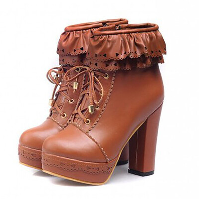 

IDIFU Womens Elegant Falbala Splicing Round Toe Lace-up Bridal Booties Side Zipper Chunky High Heel Platform Ankle Boots