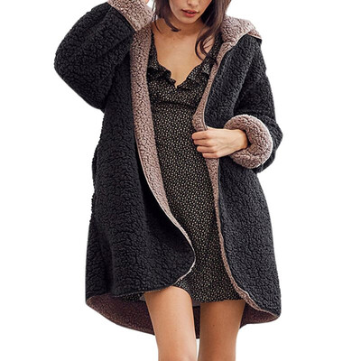 

Fashion New Plush Double-faced Warm Coat Contrast Color Hooded With Pocket Jacket Black