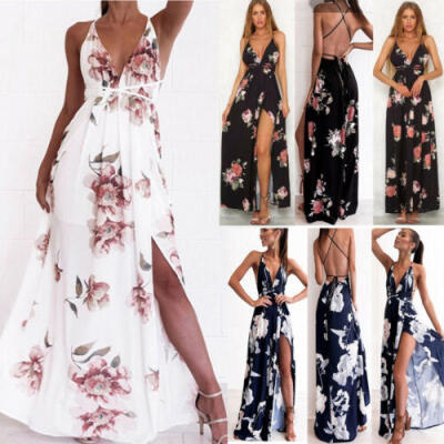 

Women Floral Boho Holiday Strappy Floral Maxi Beach Sundress Party Long Dress