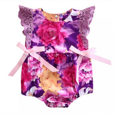 

Newborn Baby Girl Flower Lace Purple Romper bow-knot Jumpsuit Sunsuit Outfit Clothes