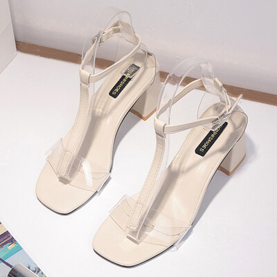 

High-heeled shoes women 2019 summer new transparent thick toe buckle with net red sandals fashion fairy shoes