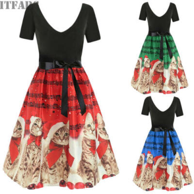 

US Fashion Womens Plus Size Christmas Print Cats Tabs Gown Evening Party Dress