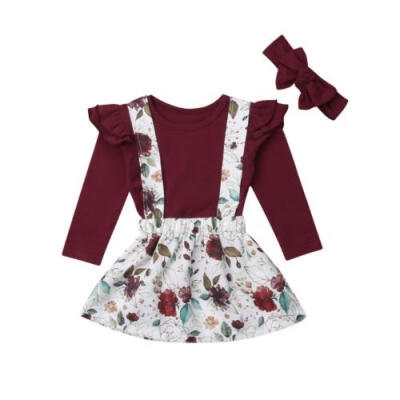 

Toddler Kids Baby Girls Tops T-Shirt Suspender Skirt Headband Outfits Clothes