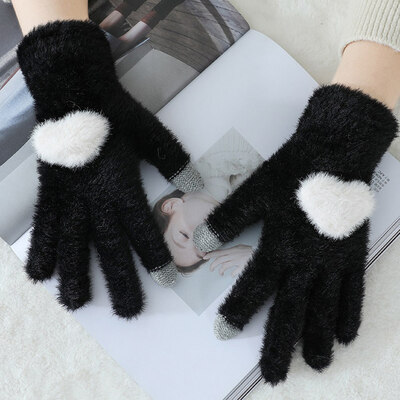 

cute Gloves Women Touch Screen 2019 New Winter Soft Rabbit Wool Gloves Warm Lovely Girls Pink Heart Mittens Gloves