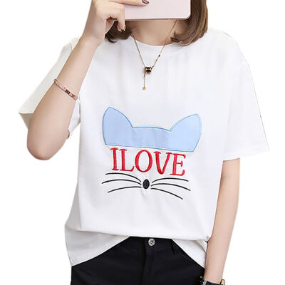 

Summer Cute Cat Embroidered Simple All Match Short Sleeve Female T-shirts  L XL XXL