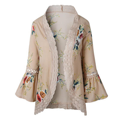 

Women Fashion Flare Sleeve Floral Print Loose Cardigan Cover Up Blouse Tops