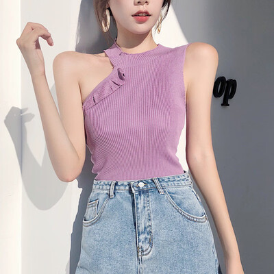 

Womens Summer Sleeveless Irregular Ruffles Tank Top Vintage Striped Solid Knitted Sports Tight T-Shirt