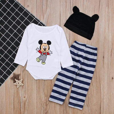 

3pcs Cartoon Animal Print Clothes Set Baby Rompers Pants Hat Boys Outfits