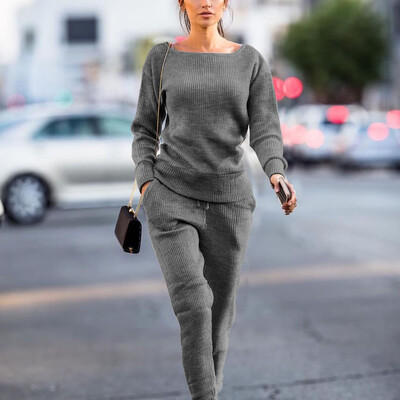 

Toponeto Women Casual Autumn And Winter Trousers Set Long Sleeve Crop Tops Pants