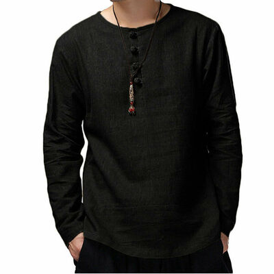 

Fashion Mens Linen Long Sleeve V-neck Shirt Loose Casual Shirts Tops Comfy New