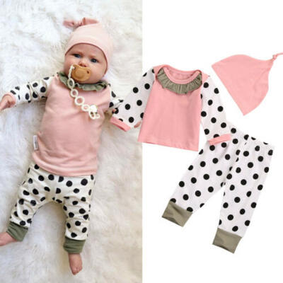 

3Pcs Newborn Baby Boys Girls Cotton Tops Dot Pants Hat Home Outfits Set Clothes