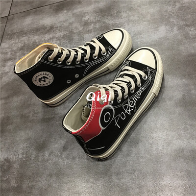 

2019 new high-heeled canvas shoes womens Korean version of ins shoes Hong Kong style Ulzzang Korean version Korean version