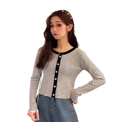

New Korean Contrast Color Striped Sweater Women O-neck Long Sleeve Knitted Pullover Jumper Slim Fashion Buttons Short Sweaters
