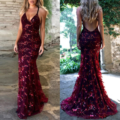 

〖Follure〗Womens Strappy Bandage Sleeveless V Neck Dress Sequined Cocktail Prom Gown Dress