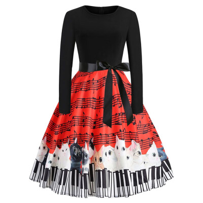 

Music&Cat Print Long Sleeve Flare Dress