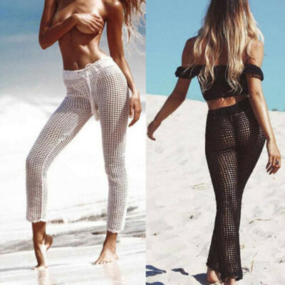 

Women Knit See Through Fishnet Hollow Out Wide Leg Beach Long Pants Trousers US