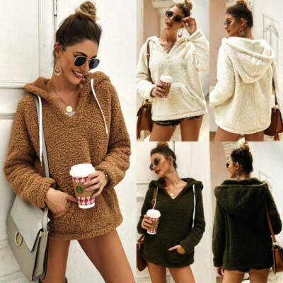 

2019 Women Hooded Sweatshirt Coat Autumn Winter Fleece Wool Pocket Outwear Top Beige Army Green Khaki -XL