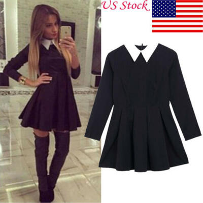 

Autumn Spring Vintage Dress Women Lady Retro Tunic Long Sleeve Solid Mini Dress