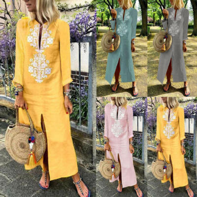 

Women Cotton Linen Maxi Dress Long Sleeve Casual Boho Kaftan Tunic Plus Size