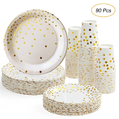 

30pcs 9oz Paper Cups 30pcs 7" Plates 30pcs 9" Plates Set of 90pcs Disposable Drinkware & Dishware with Golden Polka Dot Round