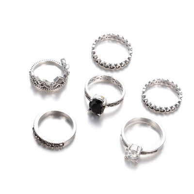

New Mode Style Punk Female Big Opal Ring Set Retro Antique Silver Color Lucky Midi Finger Rings for Women Vintage Jewelry