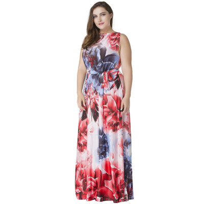 

New Fashion Women Boho Floral Print Maxi Dress Halter Neck Sleeveless Summer Plus Size Swing Dress Red