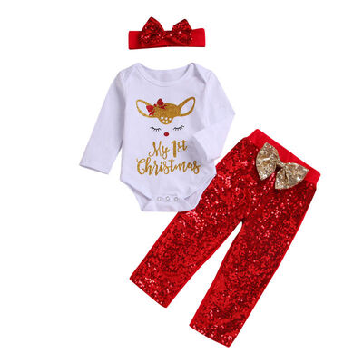 

Cute Newborn Baby GirlMy 1st Christmas"Romper Sequin Pants 3Pcs Outfits Clothes