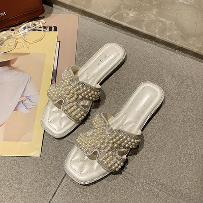 

Sandals women wear summer fairy wind Joker Pearl rhinestone drag fashion H drag