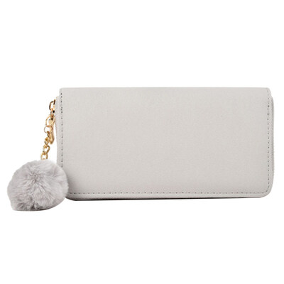 

Solid Color Women Faux Leather Long Wallet Pompom Zip Clutch Card Holder Purse
